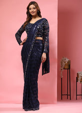 Reassuring Blue Colour Pure Georgette Saree
